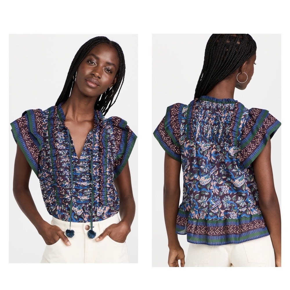 Sea New York Navy Blue Floral Smocked Flutter-Sleeve Top